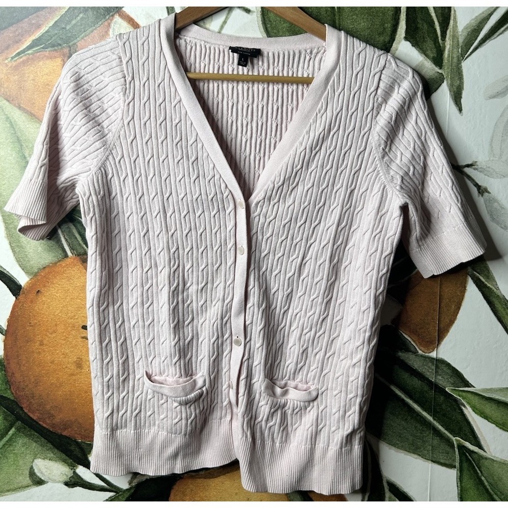 Talbots Large Pima Cotton Short Sleeve Cable‎ Knit Cardigan Sweater Pink